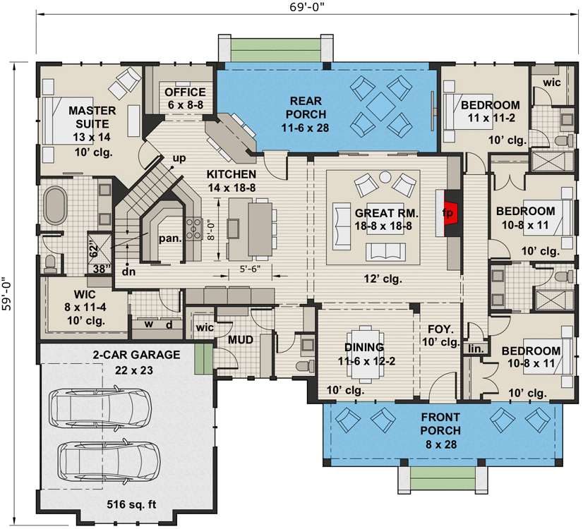 Plan 14675RK: 4-Bed New American House Plan with Exposed Rafter Tail Porch - Floor Plan - Main Level - Country, Farmhouse, Modern Farmhouse, New American, Northwest, Traditional