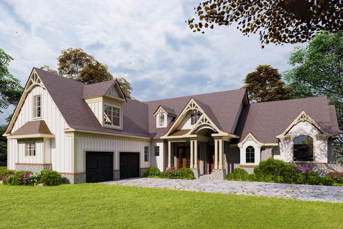 House plan exterior shows a two-story Modern Farmhouse with a three-car garage, gabled dormers, and stone accents.