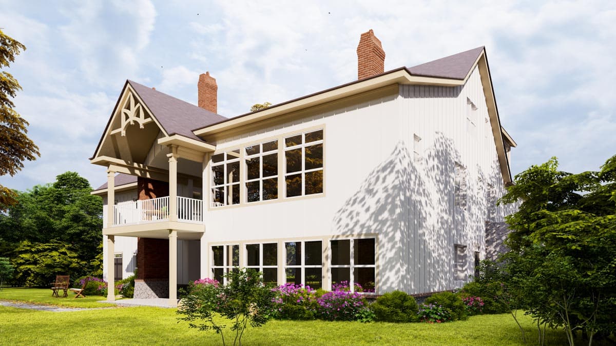 House plan exterior of a two-story home with a wraparound porch, decorative gable brackets, and large multi-pane windows.