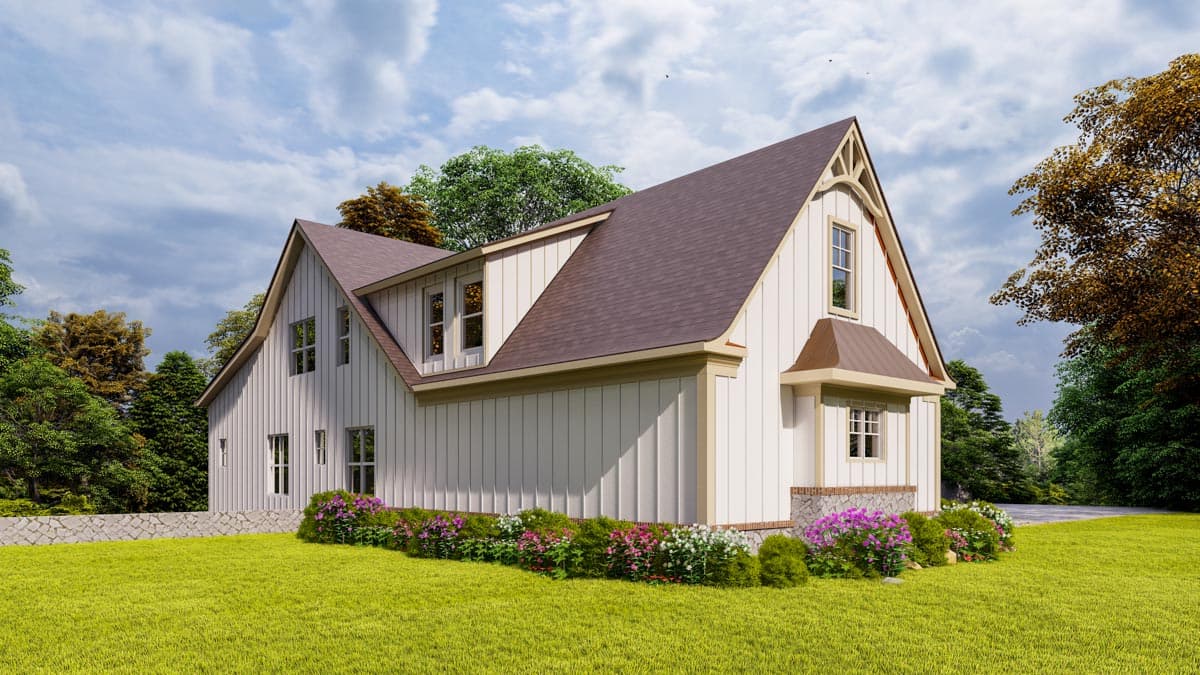 House plan exterior. Two-story Modern Farmhouse with vertical siding, prominent gables, dormer windows, and a metal roof awning.