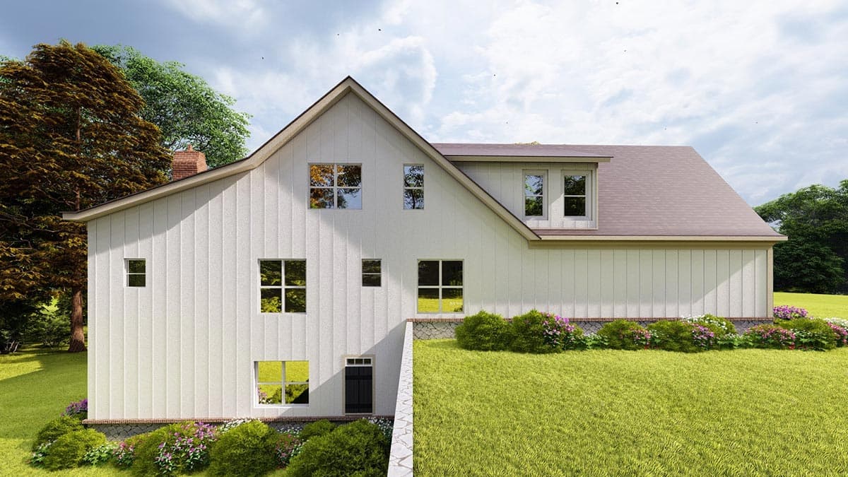 House plan exterior: Modern farmhouse style, two stories, gabled dormer, vertical siding, and prominent gable roof.