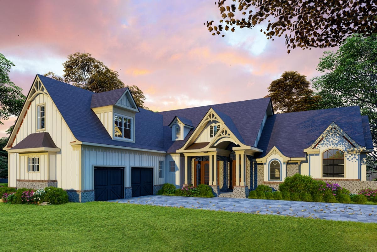 House plan exterior: Craftsman style, two-story with a covered porch, gables, dormers, and a three-car garage.