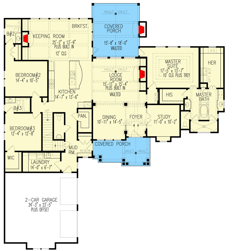 Plan 25657GE: Magnificent Master-On-Main House Plan with up to Five Bedrooms - Floor Plan - Main Level - Country, Craftsman, European, Mountain