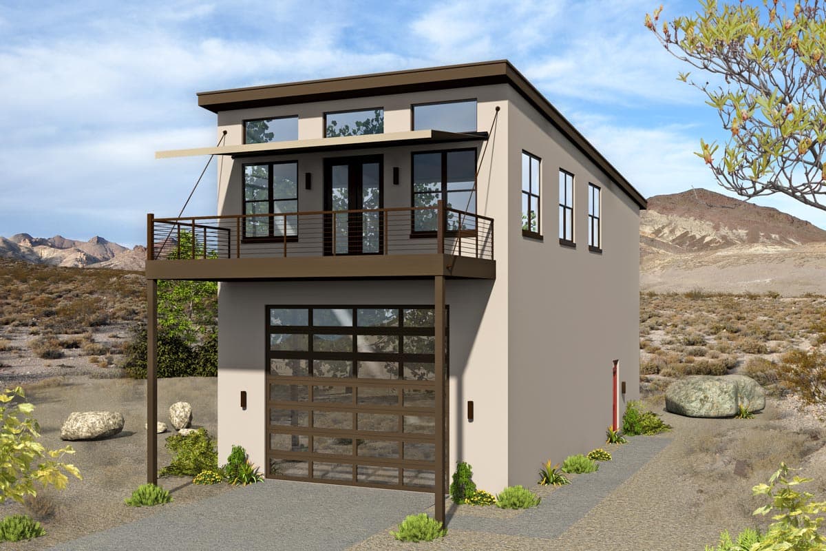 House plan exterior. Two-story modern style with cantilevered balcony, glass garage door, and flat roof. Features include a neutral stucco finish.
