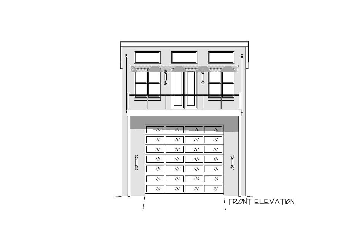 Front elevation house plan drawing showing a two-story facade with a large garage door and a second-floor balcony with double doors.