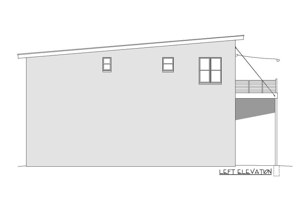 Left elevation drawing of a house plan showing a sloping roofline, three windows, and a deck on the right side.