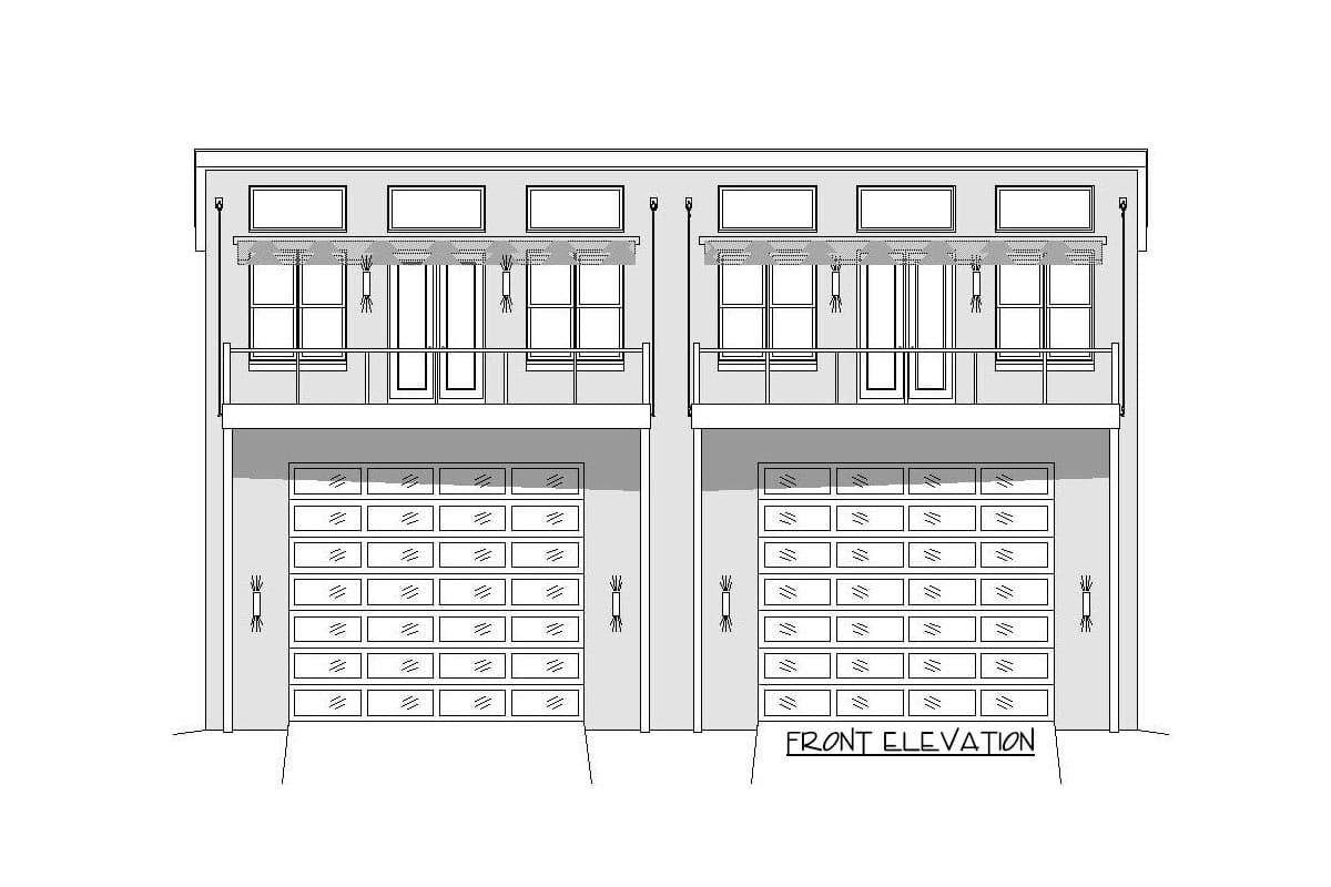 Front elevation drawing of a two-story house plan with two garages, balconies with railing, and multiple windows.