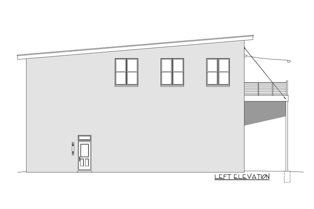 Left elevation drawing of a house plan, featuring a slanted roof, three windows, a single door, and a deck with railings.