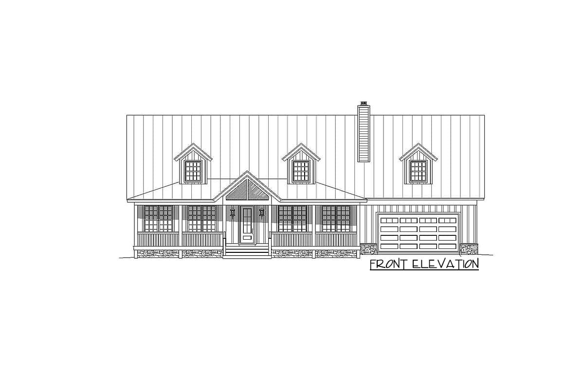 Front elevation drawing of a house plan featuring a full-width porch, three dormers, and an attached two-car garage.