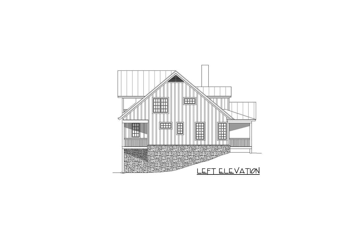 Left elevation house plan showing a two-story building with a metal roof, stone foundation, and covered porches.