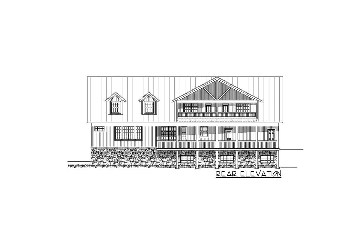 Rear elevation house plan drawing with gabled dormers, wraparound porch, and stone foundation.