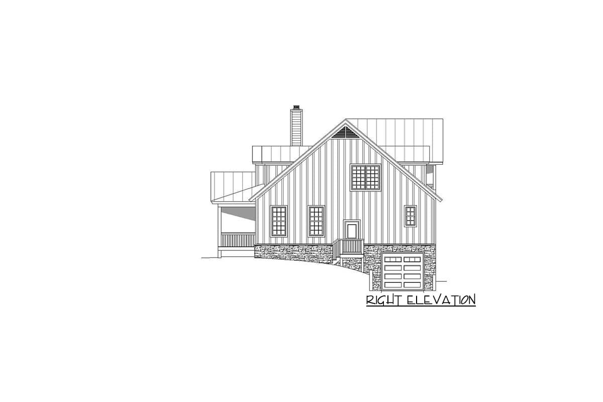 Right elevation drawing of a two-story house plan with vertical siding, stone foundation, front porch, gabled roof, and attached garage.