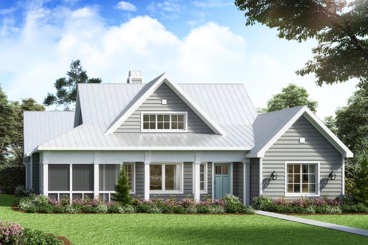 Modern Farmhouse house plan exterior with metal roof, gables, and screened porch.