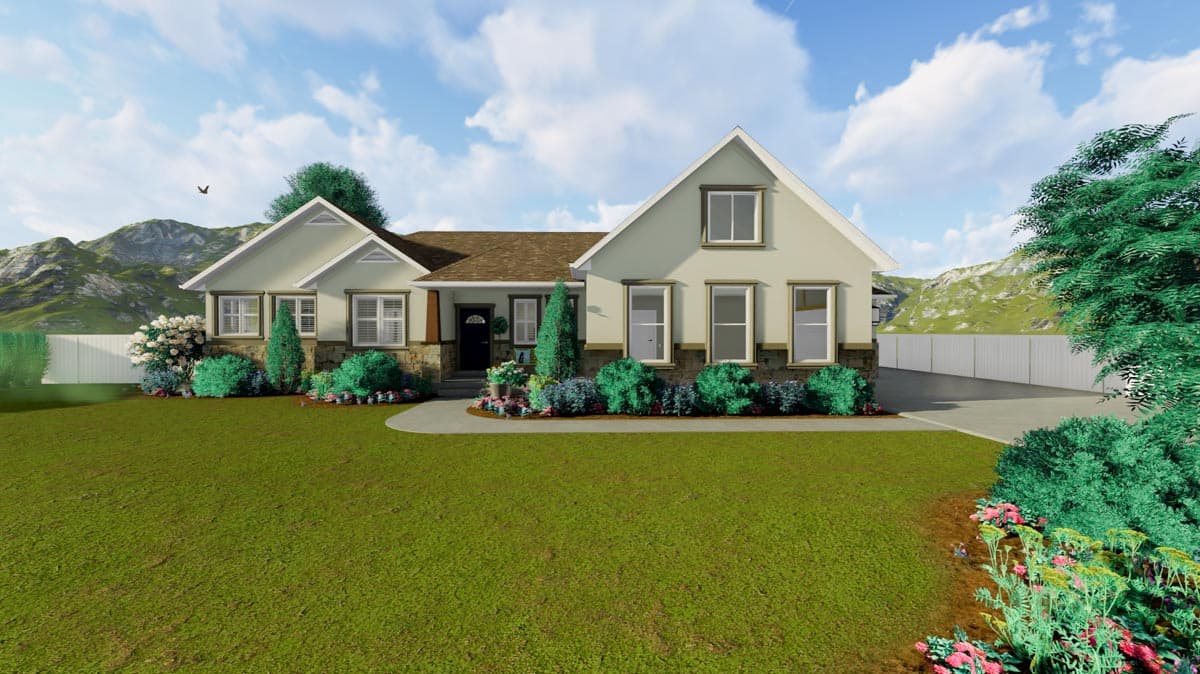 House plan exterior: Ranch style, one and a half stories, featuring a covered entry porch, stone accents, and multiple gables.