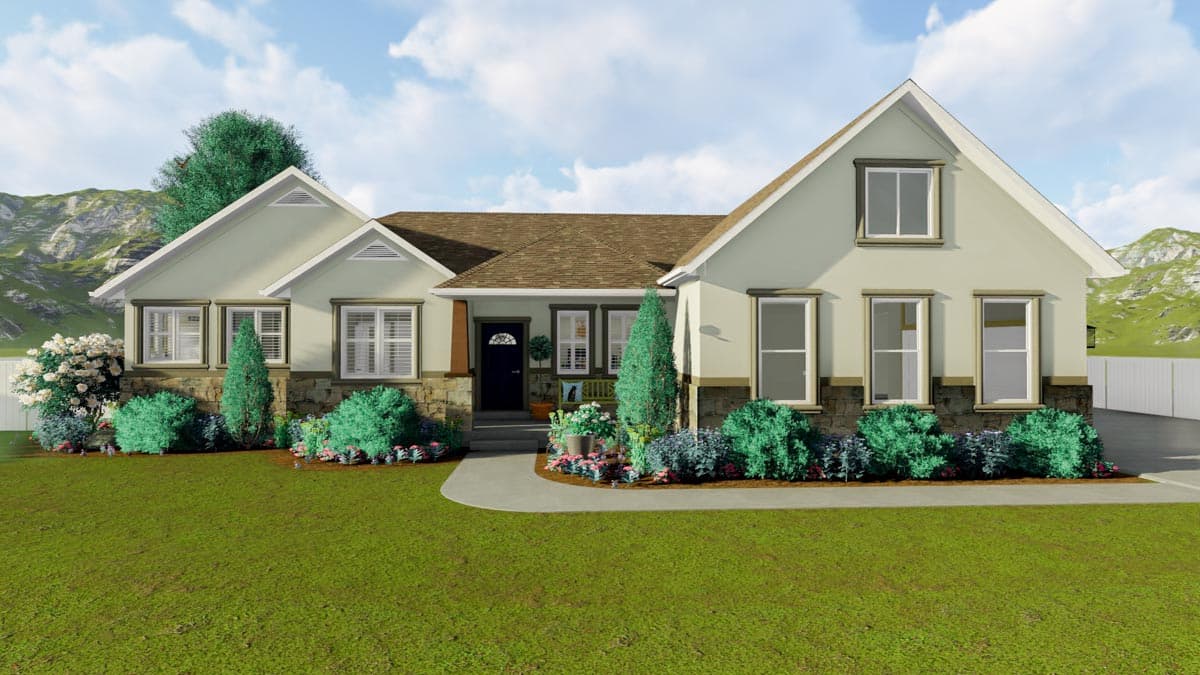 House plan exterior with stone base, gabled roof, and covered porch. Two-story design with multiple windows and a front entrance with a dark door.