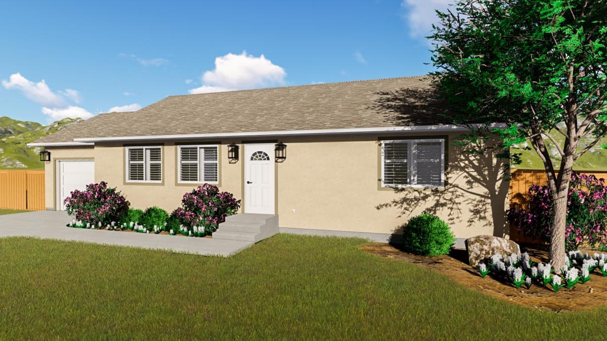 House plan exterior: One-story Ranch with attached garage, central entry with transom window, and hip roof.