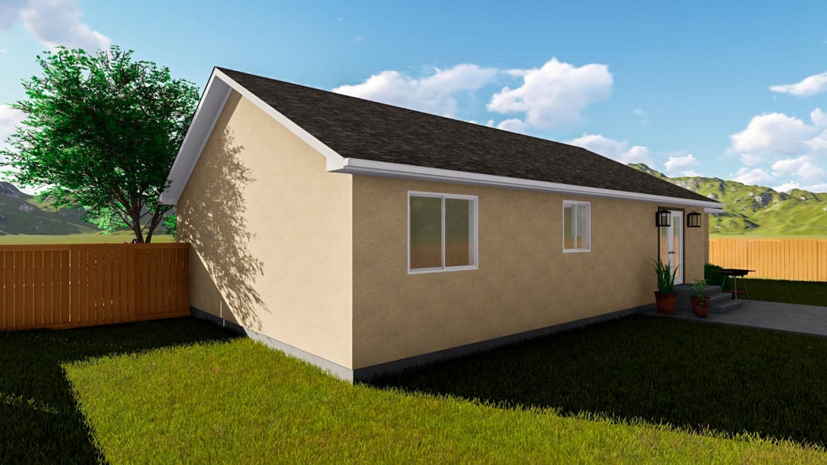 House plan exterior: Single-story stucco home with gable roof, two windows, and a rear entry door.