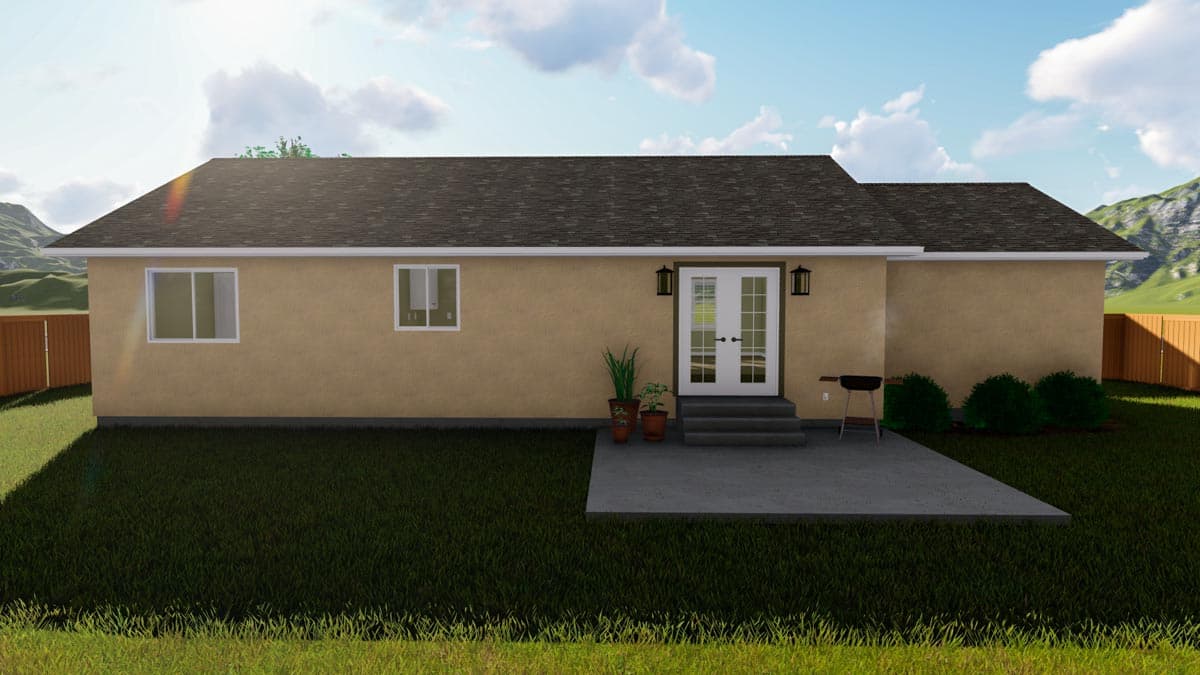 House plan exterior: One-story stucco home with asphalt shingle roof, two windows, double doors, and a concrete patio.