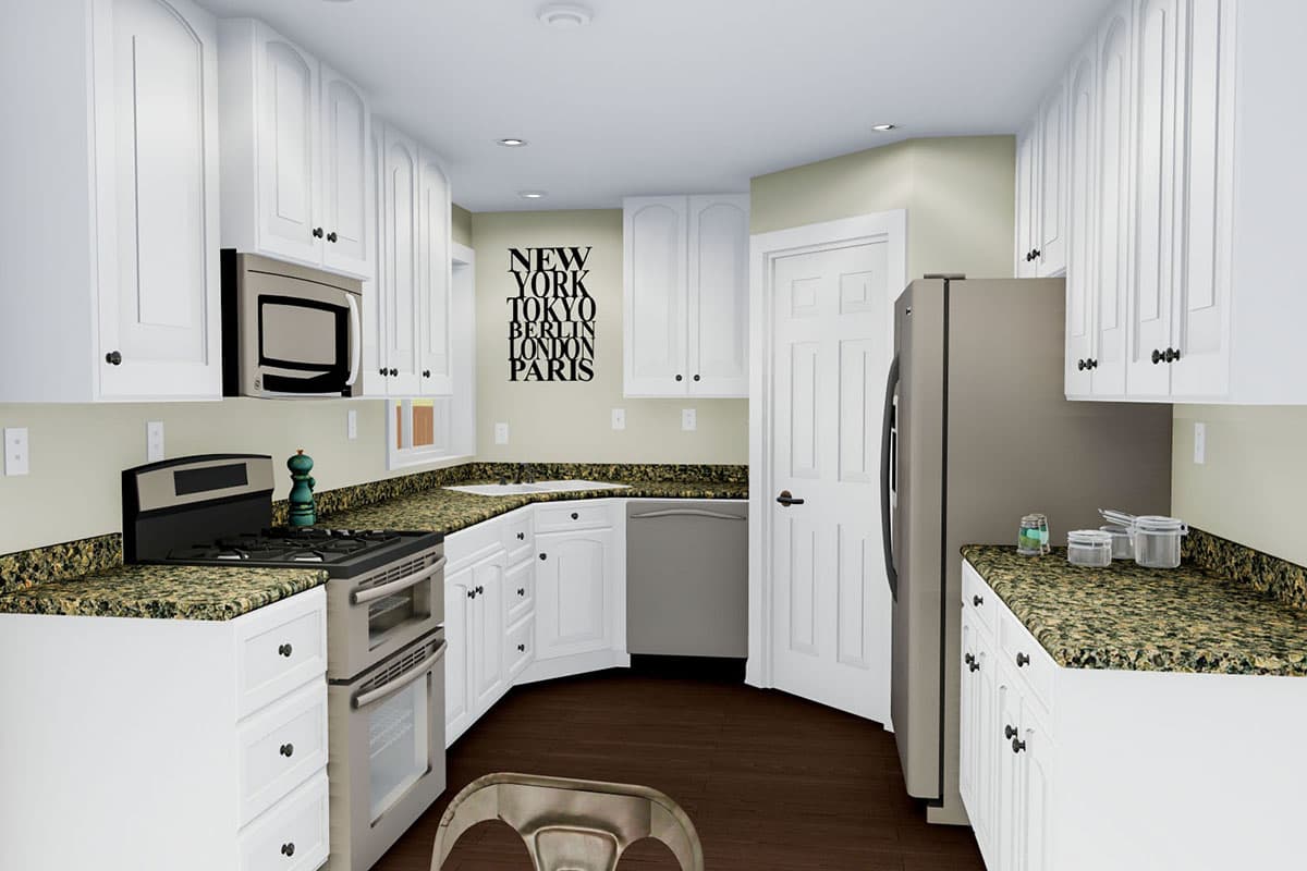 Kitchen floor plan with white cabinets, granite countertops, stainless steel appliances including a double oven range and microwave.