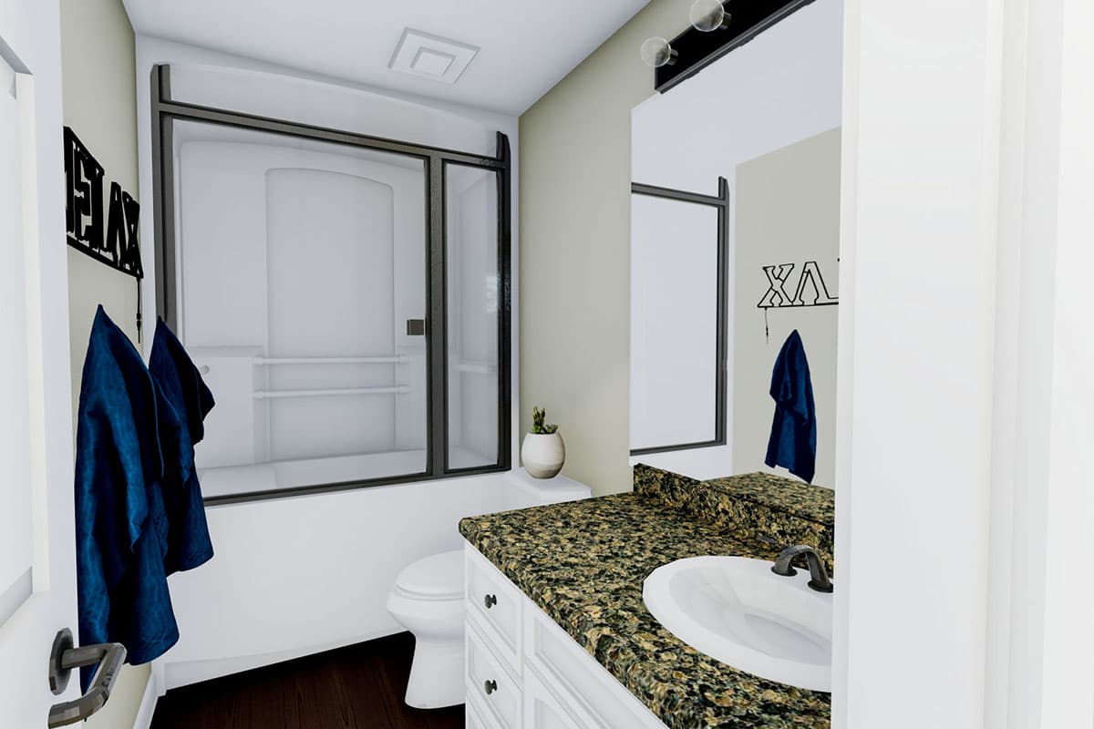 Bathroom interior with vanity, sink, toilet, and enclosed shower. White cabinets, granite countertop, dark wood floor.