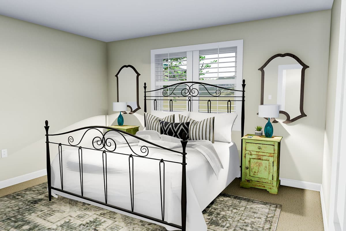Bedroom rendering with black metal bed, white bedding, decorative pillows, and two nightstands with lamps.