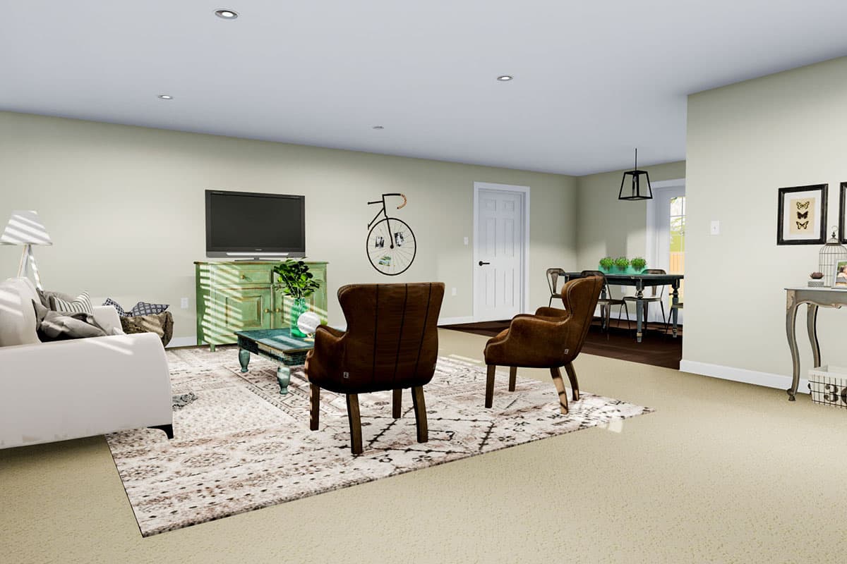 Living room rendering with white sofa, green cabinet, two brown chairs, patterned rug, and dining area.