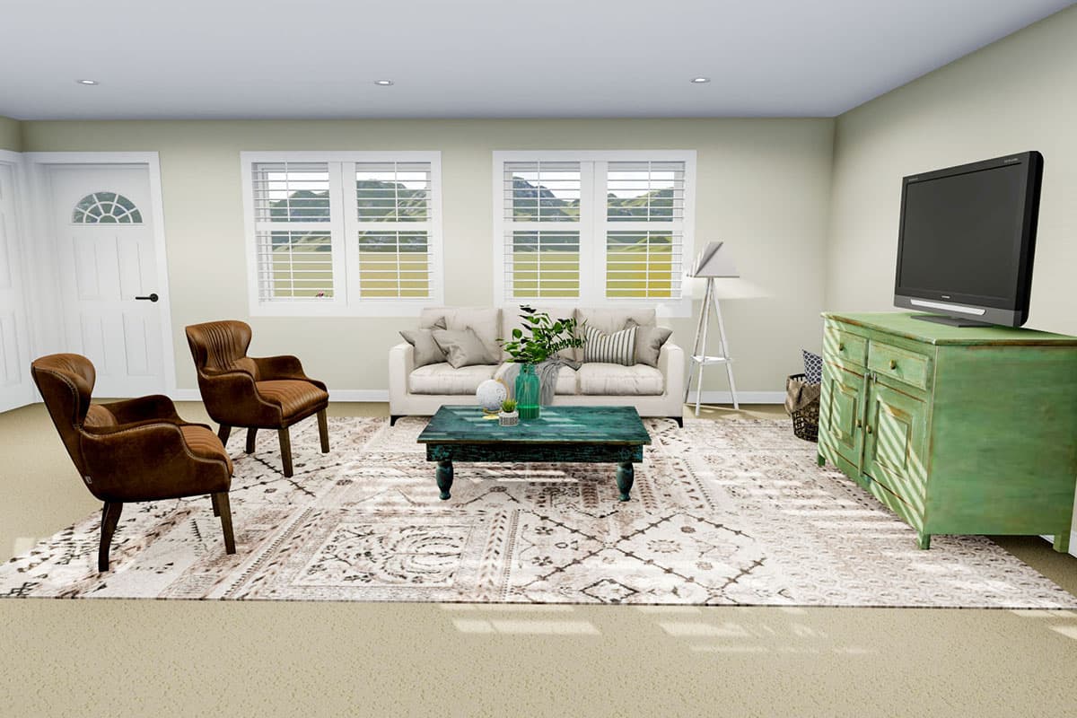 Living room with sofa, two chairs, coffee table, TV, and windows. Architectural house plan interior.