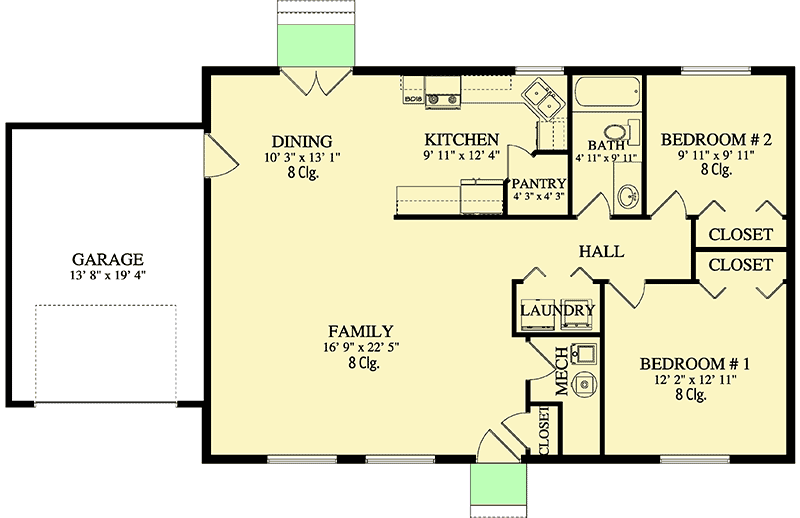 Plan 61310UT: 2-Bed Traditional Ranch House Plan - 1190 Sq Ft - Floor Plan - Main Level - Ranch, Traditional