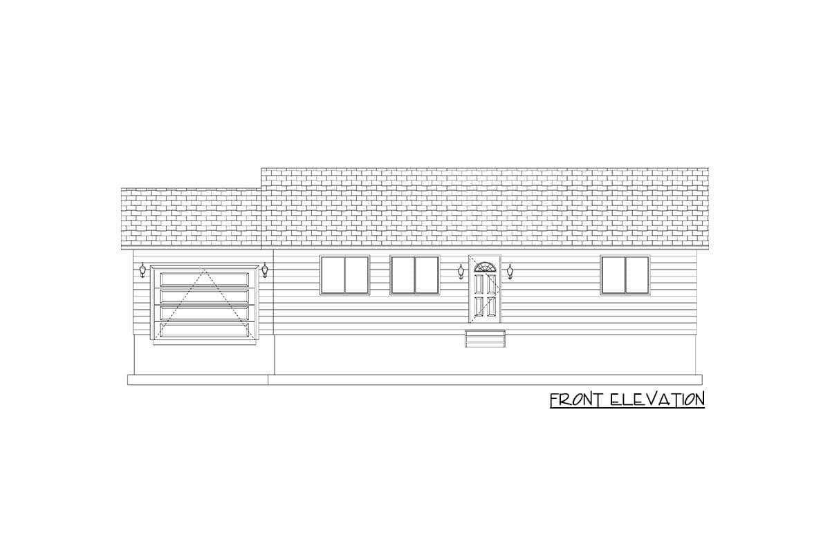 Front elevation drawing of a single-story house with a garage, centered entry, and multiple windows.