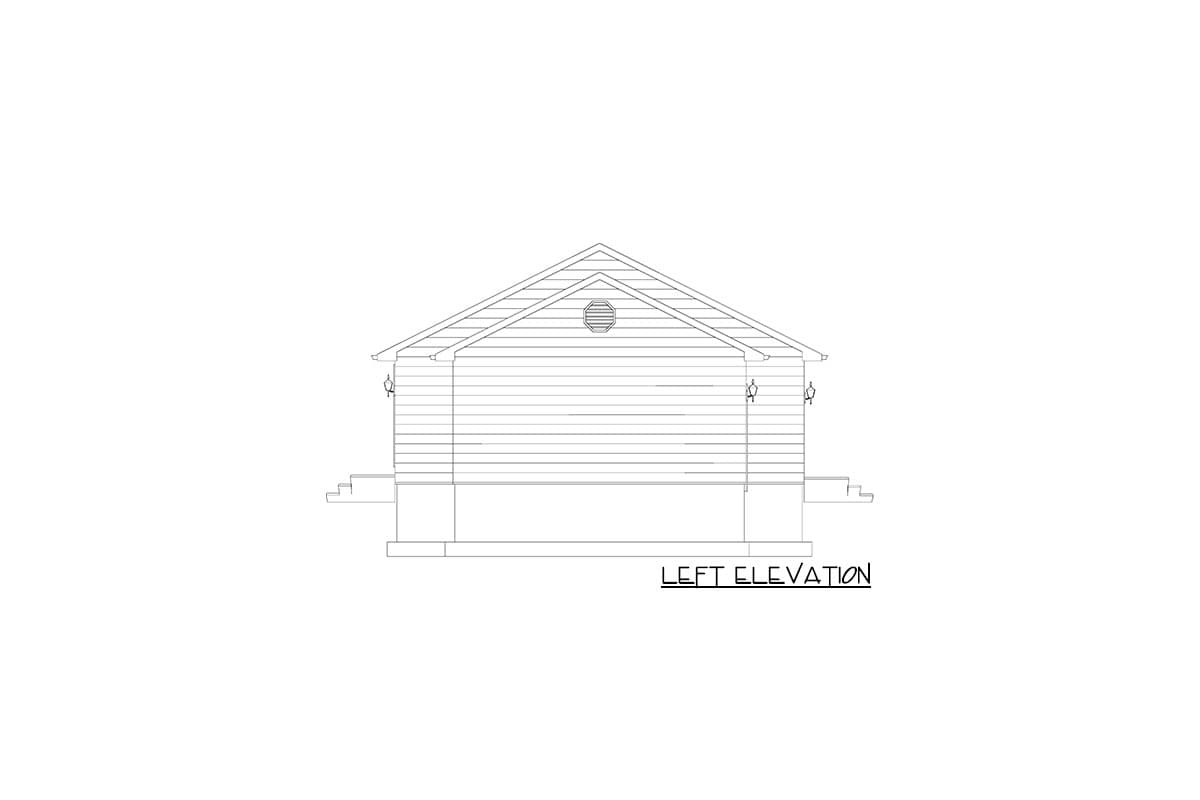 Left elevation drawing of a house plan featuring horizontal siding, a gable roof, and a decorative vent.