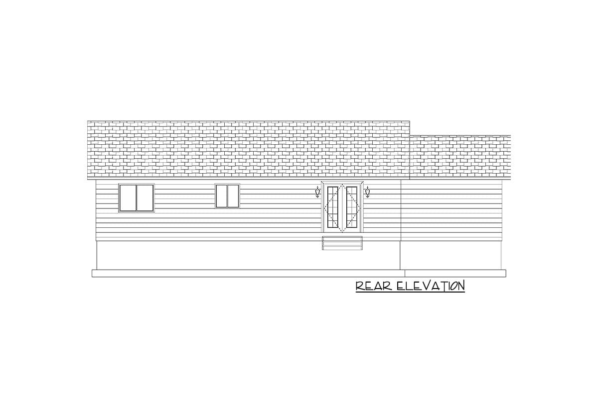 Rear elevation house plan showing a single-story structure with horizontal siding, two windows, and double doors with decorative glass.