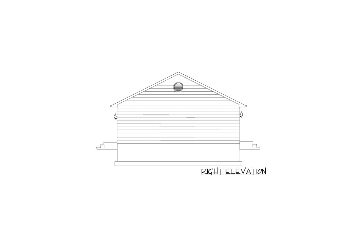 Right elevation house plan showing a gabled roof, horizontal siding, and two exterior light fixtures.
