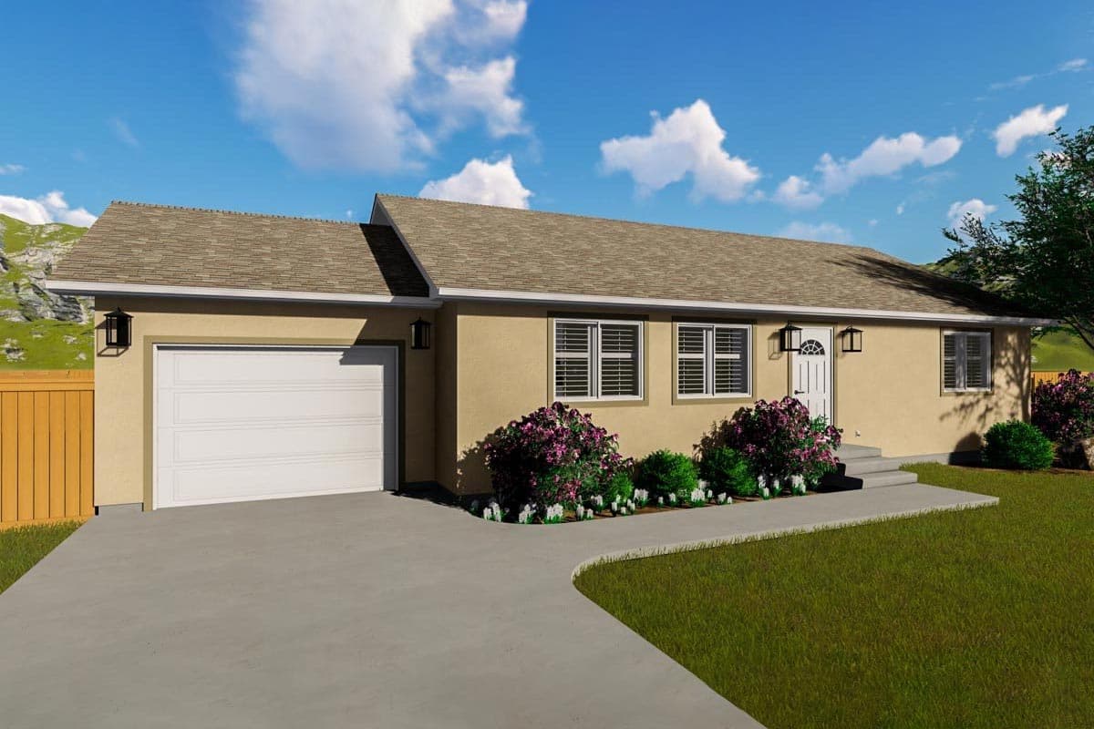 House plan exterior with garage, single story, and gable roof. Features include a front porch, and multiple windows with shutters.