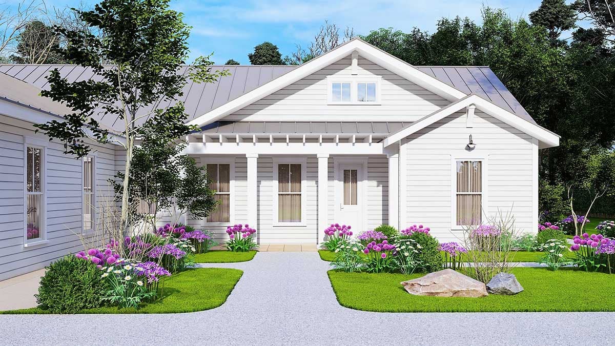House plan exterior: Single-story Modern Farmhouse with gabled dormer, metal roof, and covered front porch with columns.