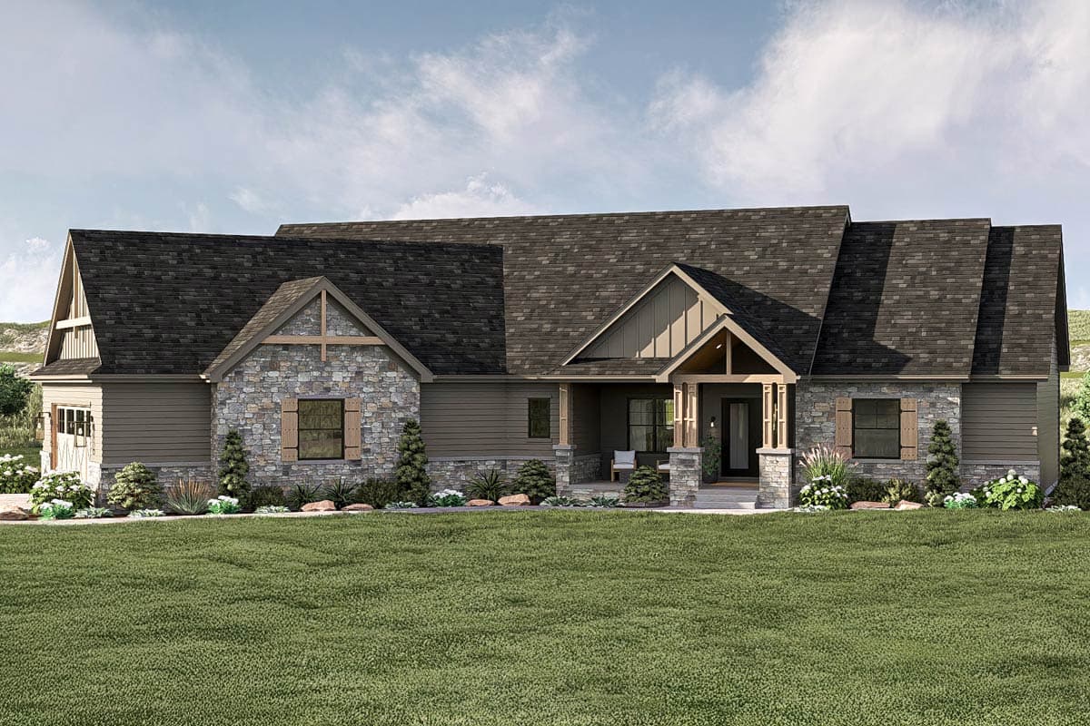 House plan exterior with stone accents, covered porch, and gabled roof. Features include wood shutters, multiple rooflines, and a single-story design.