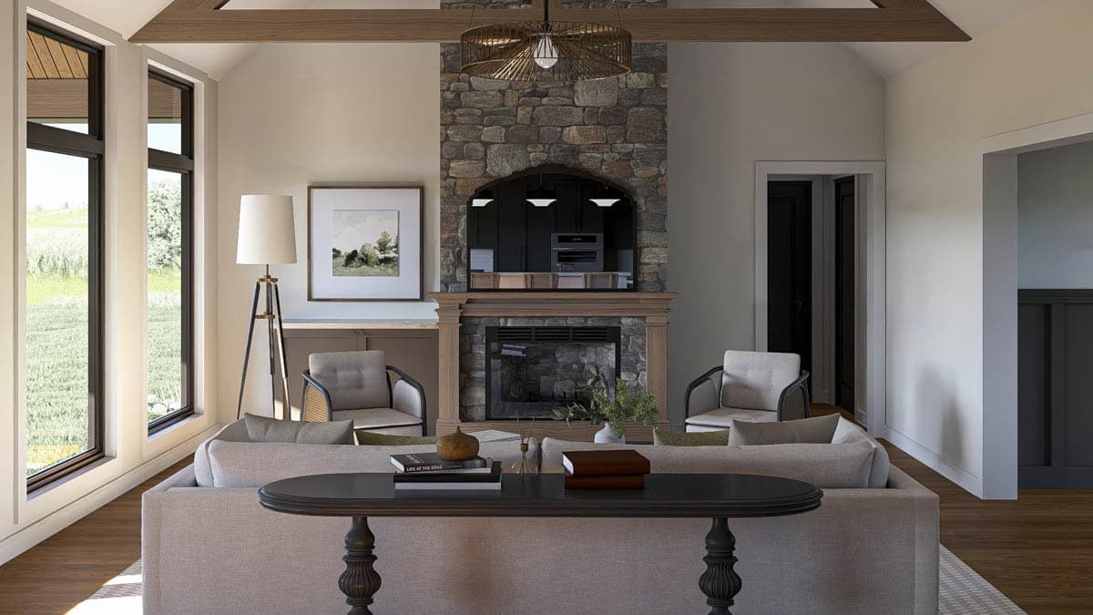 Great room with vaulted ceiling, stone fireplace, and large windows. Interior rendering.