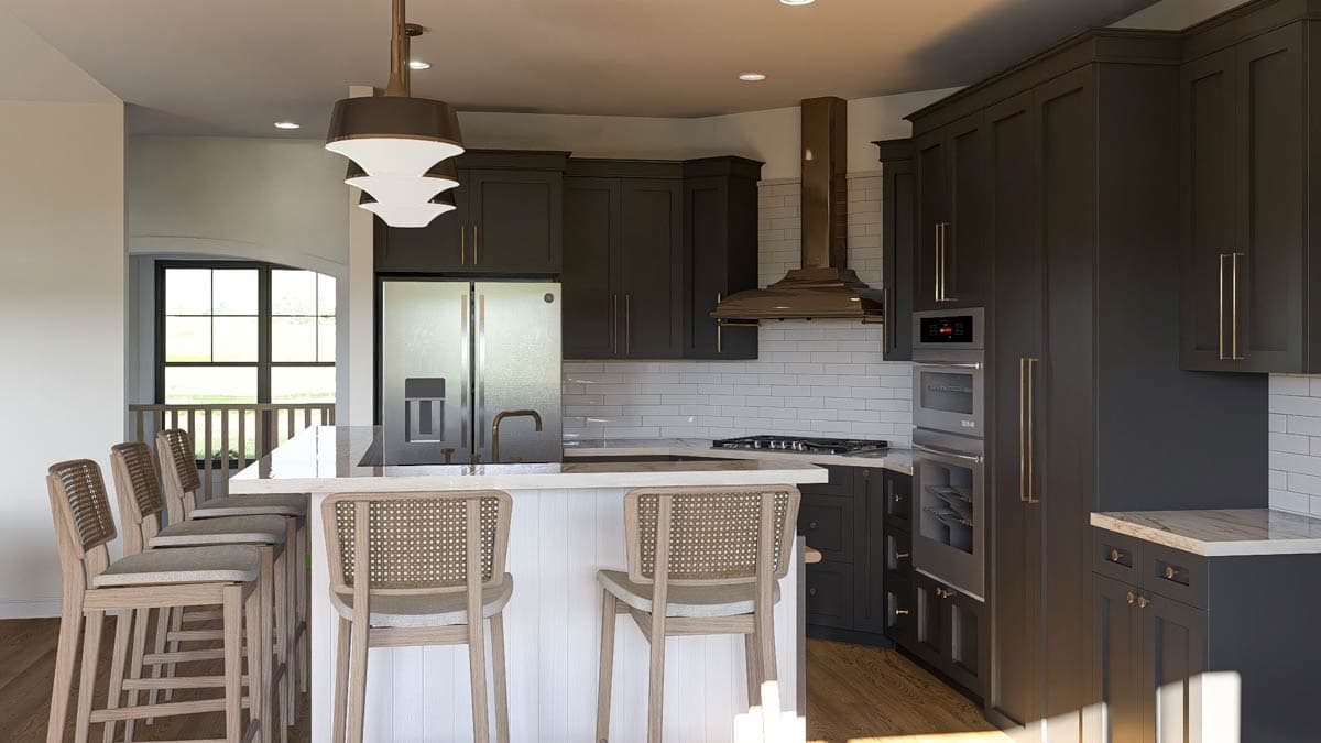 Kitchen with dark cabinets, white subway tile backsplash, island with seating, stainless steel appliances, and a large window.
