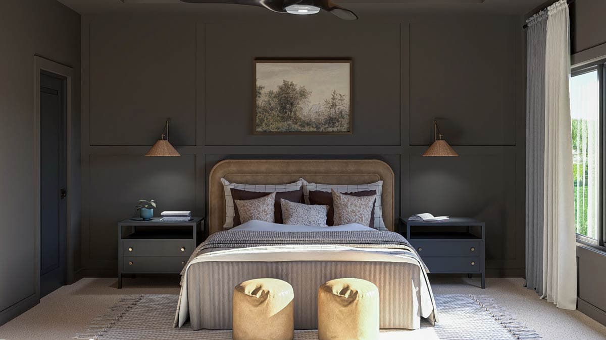 Interior rendering of a bedroom with a large bed, paneled walls, bedside tables, and a window with drapes.