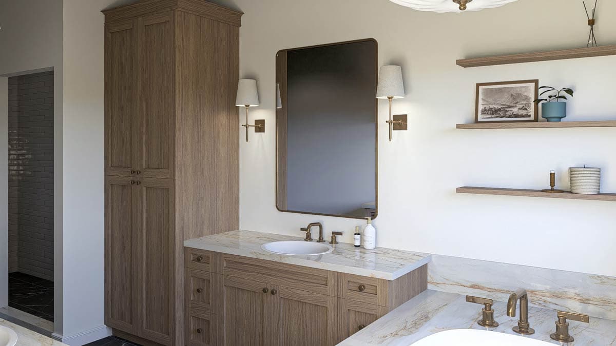 Bathroom with wood vanity, marble countertop, large mirror with wall sconces, and tall storage cabinet.