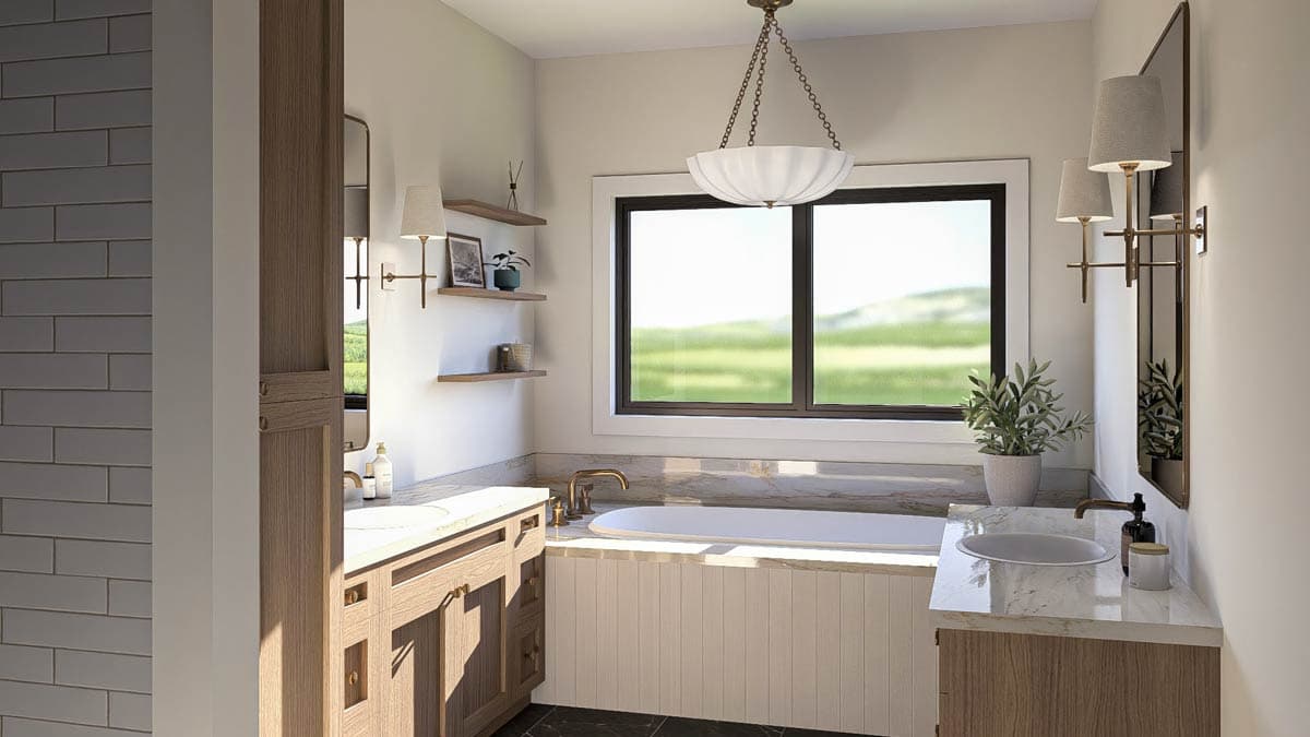 Bathroom interior rendering with soaking tub, double vanity, wood cabinets, and large window overlooking a green landscape.