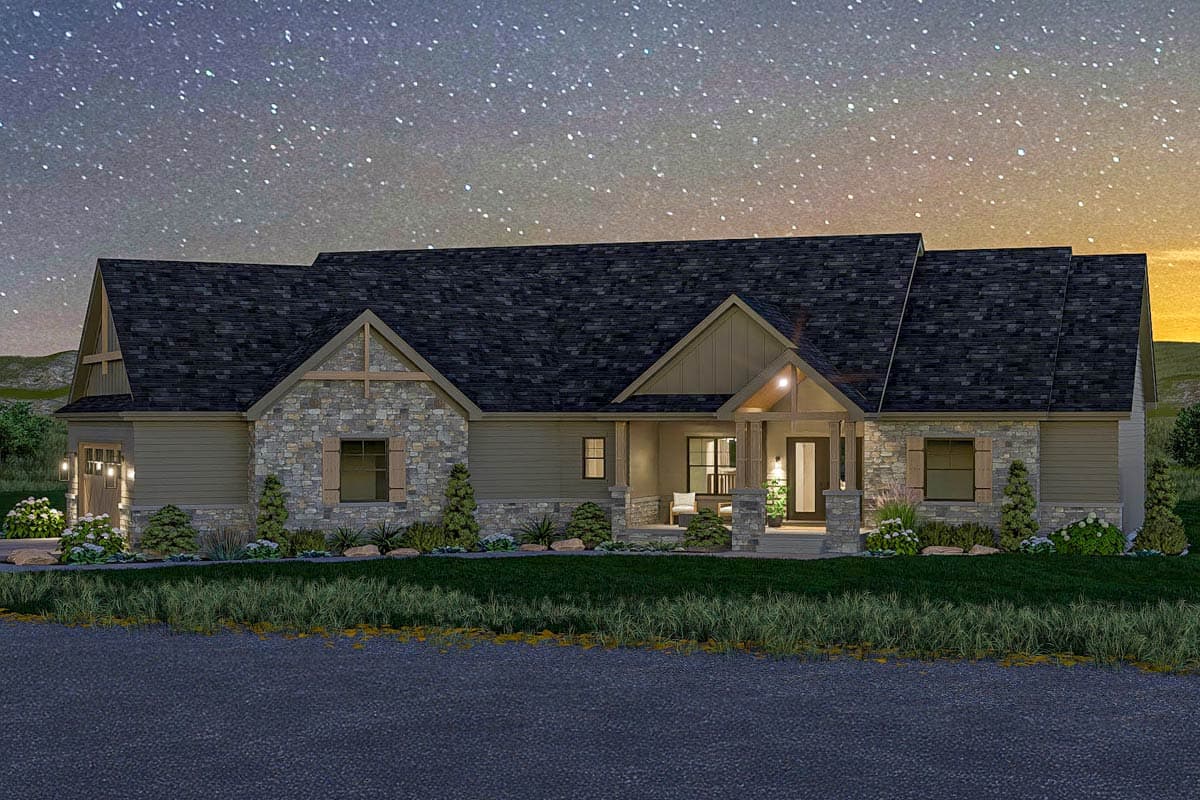 House plan exterior: Single-story Modern Farmhouse with stone accents, covered front porch with stone columns, and prominent gables.