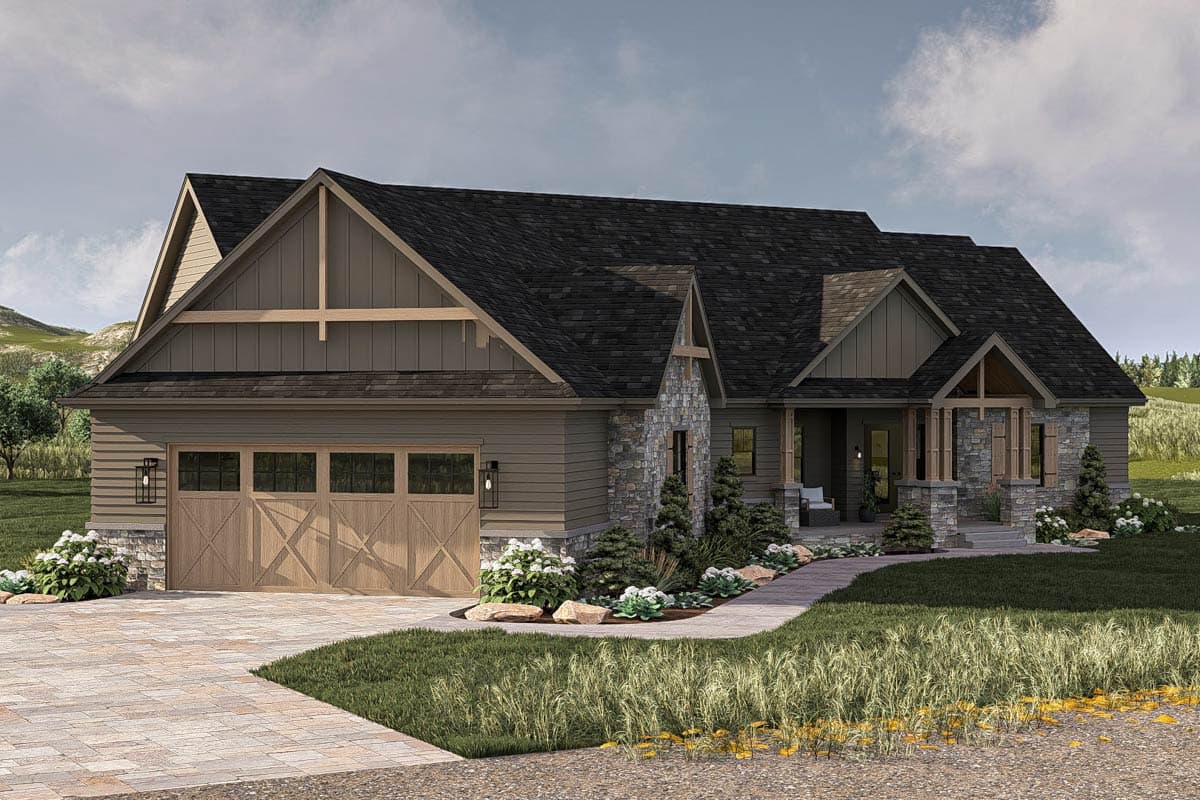 House plan exterior: One-story Modern Farmhouse with stone accents, prominent gables, wide wood garage door, and covered front porch.
