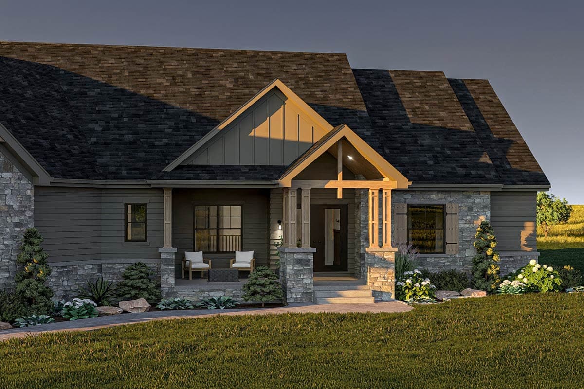 House plan exterior: Craftsman style, one story, stone and siding, covered front porch with exposed beams, multiple gables.