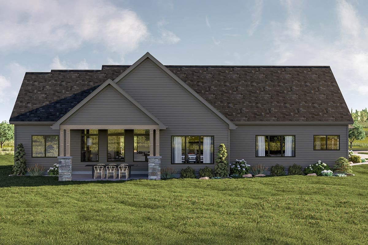 Modern Farmhouse house plan exterior with a covered porch, prominent gable, and multiple windows.