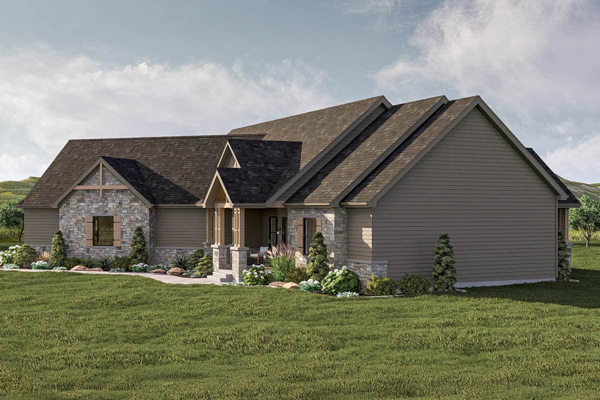House plan exterior: Ranch style with stone accents, covered front porch, multiple gables, and board and batten siding.