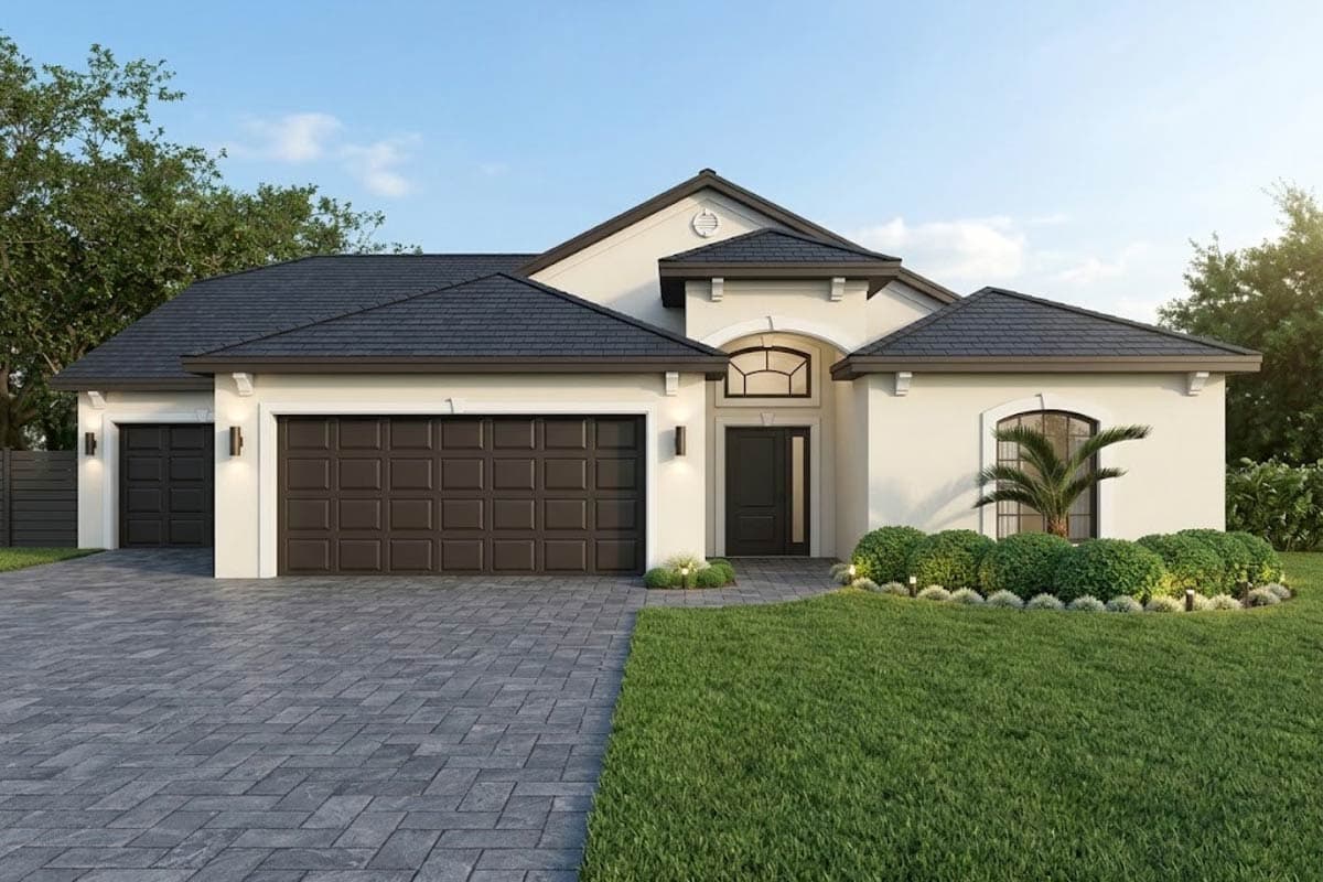House plan exterior. One-story stucco house with a side-entry garage, arched window, and a gabled roof.