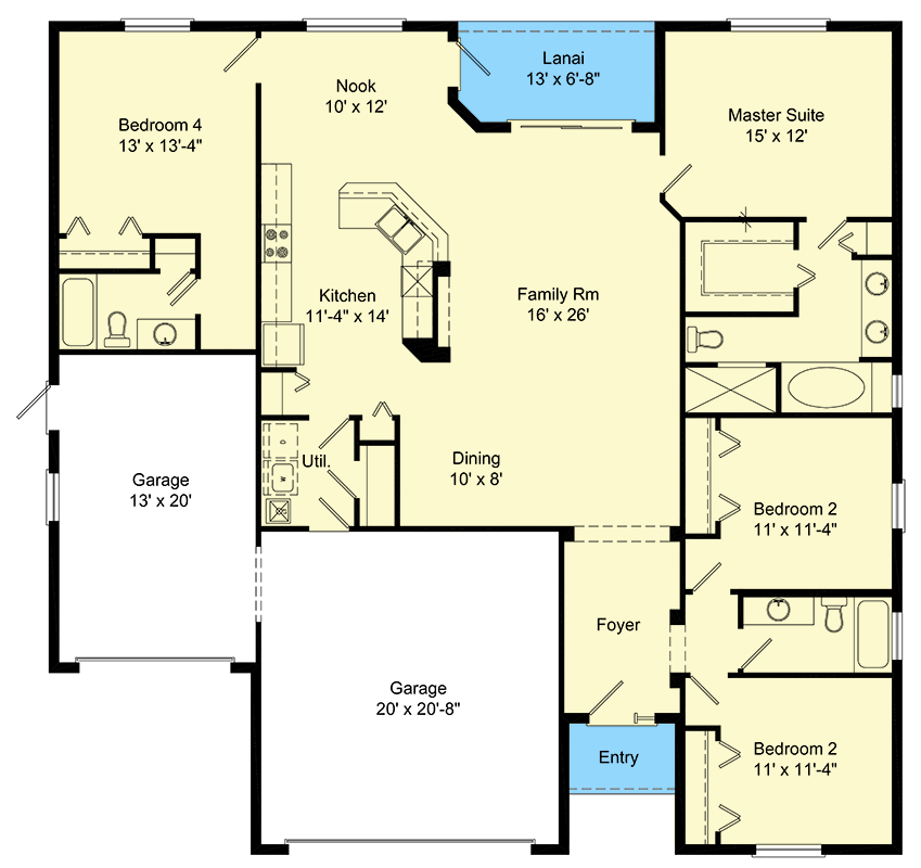 Plan 64317BT: Mediterranean 4-Bedroom Ranch House Plan with 3-Car Garage - Floor Plan - Main Level - Florida-Style, Mediterranean, Ranch, Traditional
