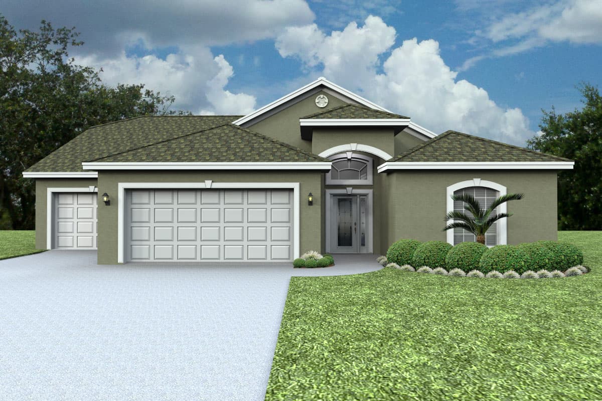 House plan exterior. One-story stucco house with a side-entry garage, arched window, and a gabled roof.