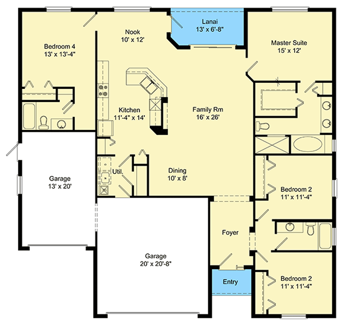 Plan 64317BT: Mediterranean 4-Bedroom Ranch House Plan with 3-Car Garage - Floor Plan - Main Level - Florida-Style, Mediterranean, Ranch, Traditional