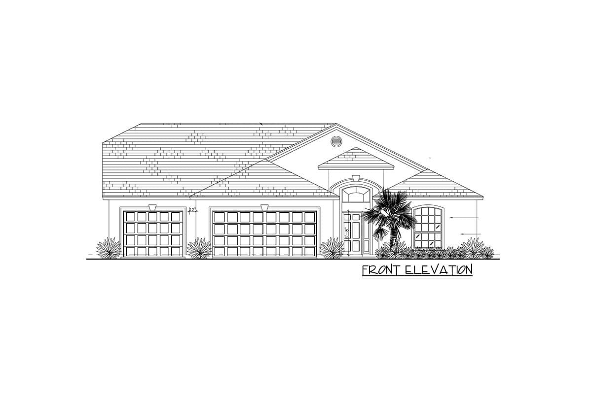 Front elevation drawing of a single-story house plan with a two-car garage, arched entry, and tiled roof.